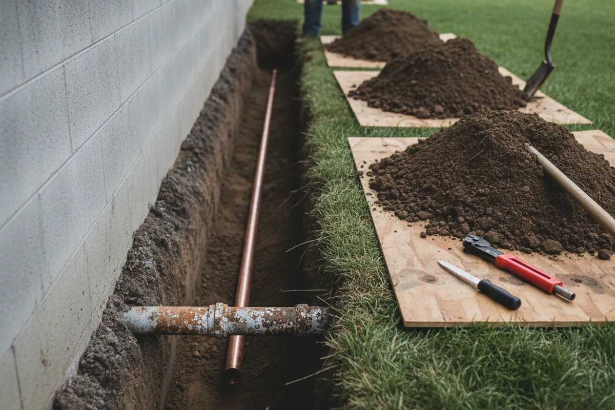 Excavated water line trench during Water Softener Installation in Rhinecliff